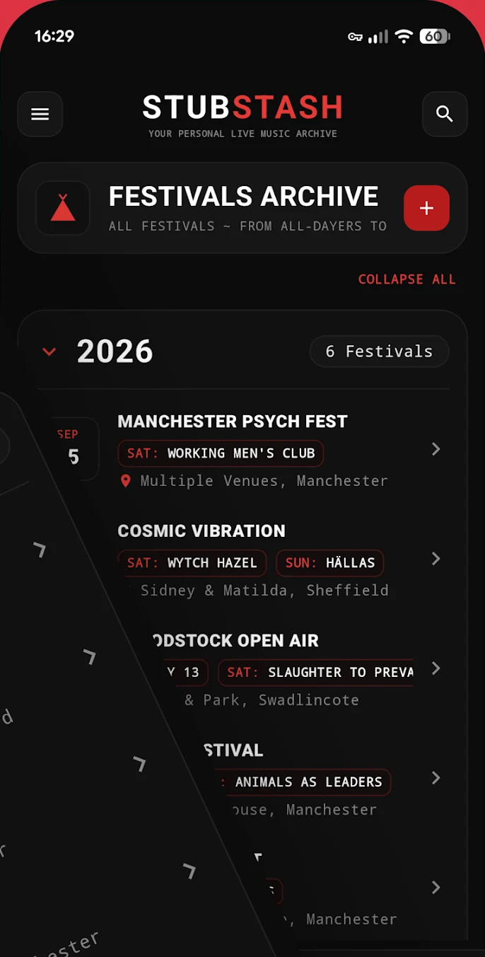 StubStash festivals archive listing Manchester Psych Fest, Cosmic Vibration and Bloodstock Open Air