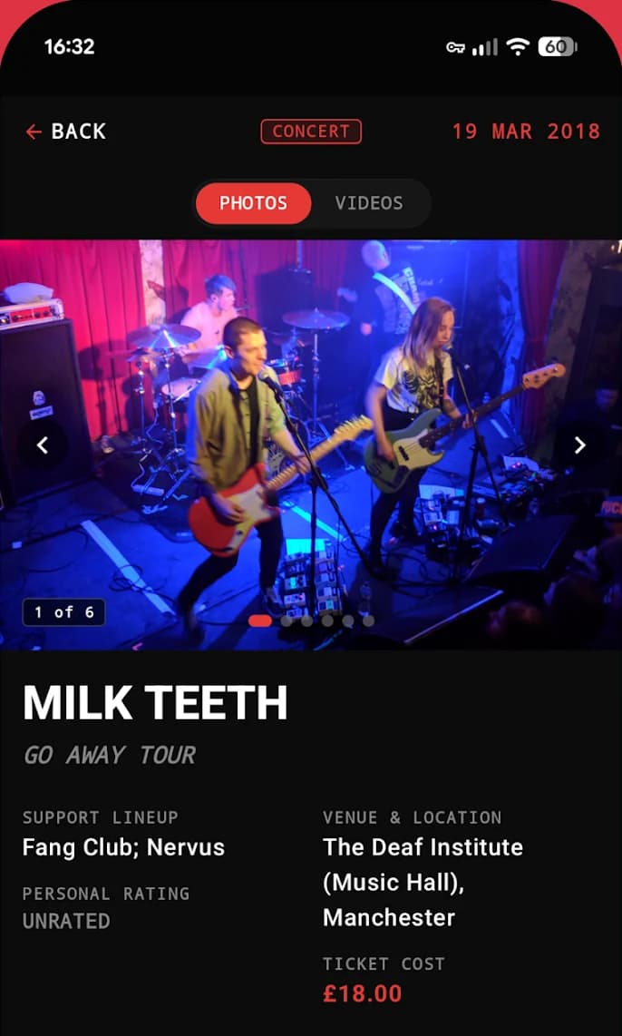 StubStash concert page for Milk Teeth's Go Away Tour at The Deaf Institute, Manchester, showing gig photos, support lineup and a £18 ticket cost