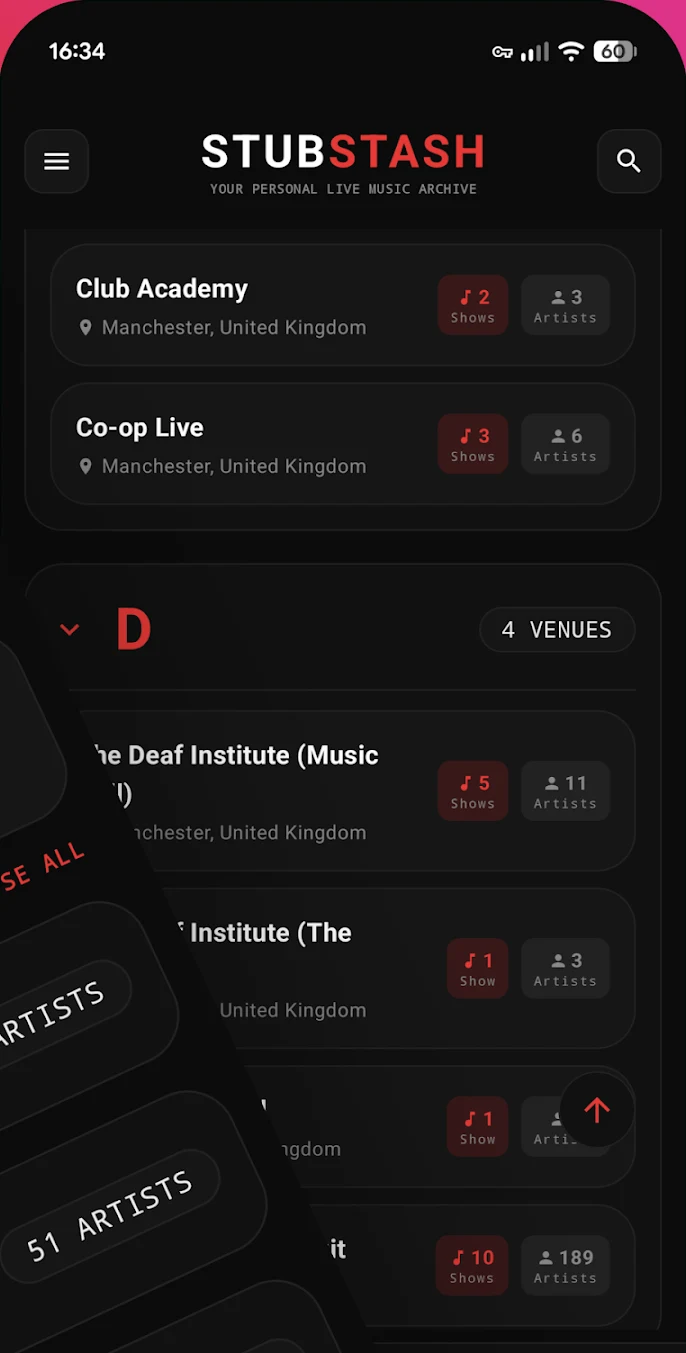 StubStash venue directory showing Club Academy, Co-op Live and The Deaf Institute in Manchester with show and artist counts