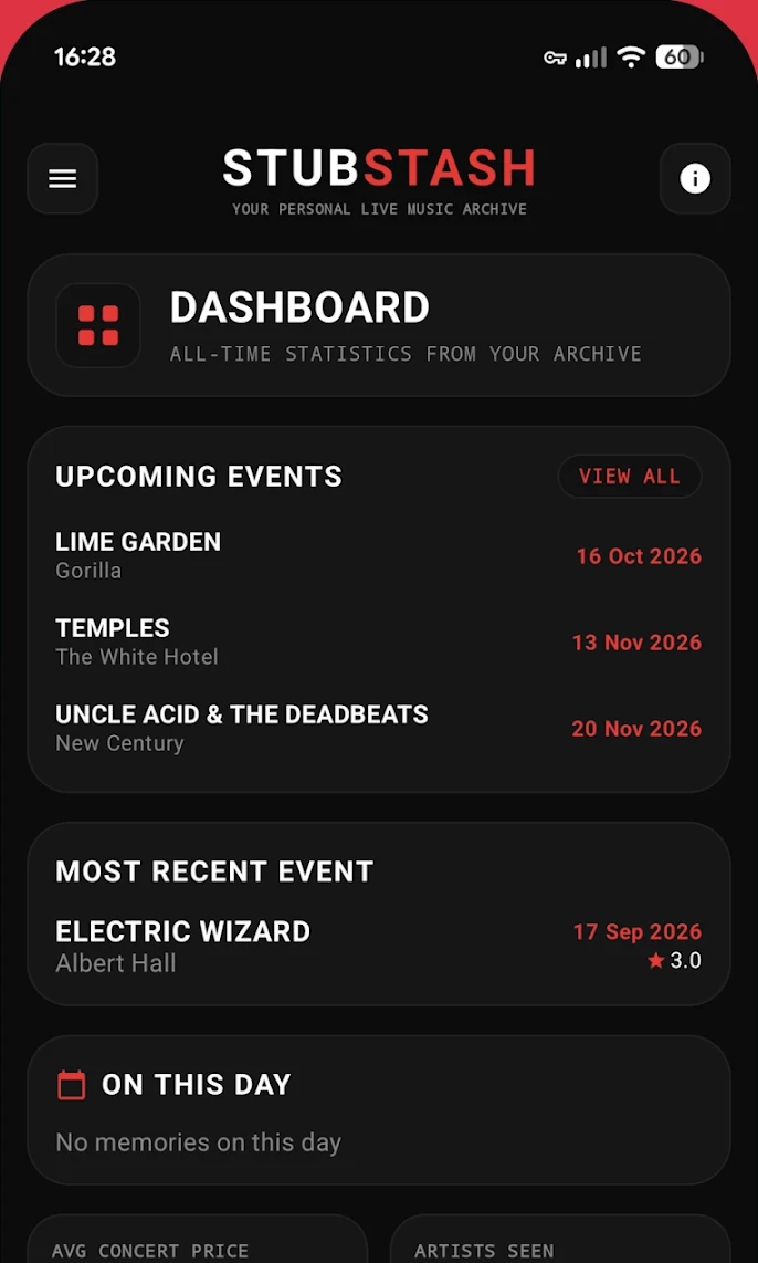 StubStash dashboard with upcoming events, most recent event and On This Day