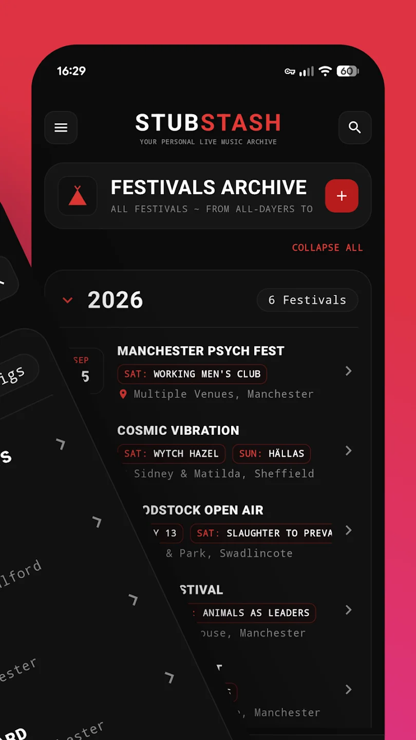 StubStash festivals archive with multi-day lineups